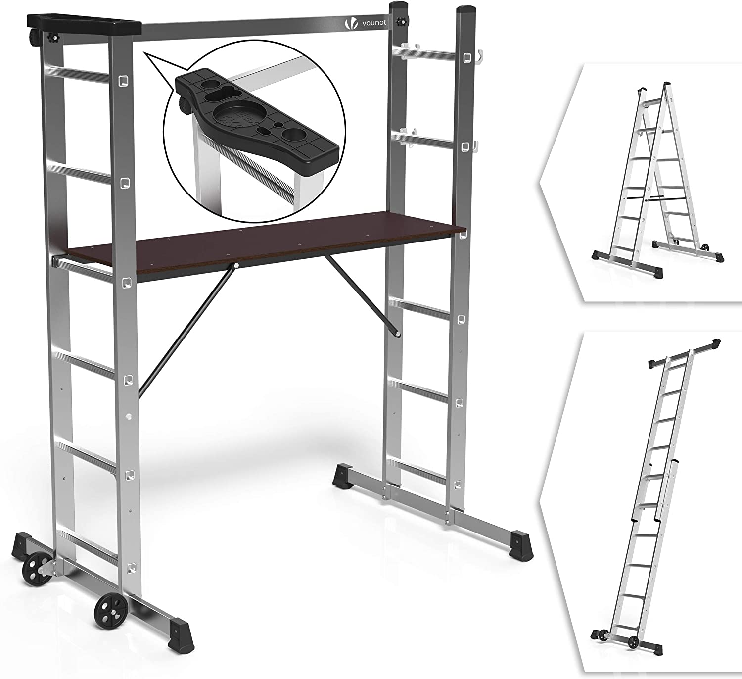 VOUNOT 3 in 1 Aluminium Scaffold Ladder with Work Platform, Multi-purpose Mobile Scaffolding with Wheels Tool Holder