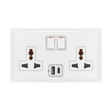 Legrand Multistandard switched socket outlet Belanko with USB Type A + Type C charger – 2 gang – 2P+E – 16 A-250 V~/15 A-127 V~281136 mw