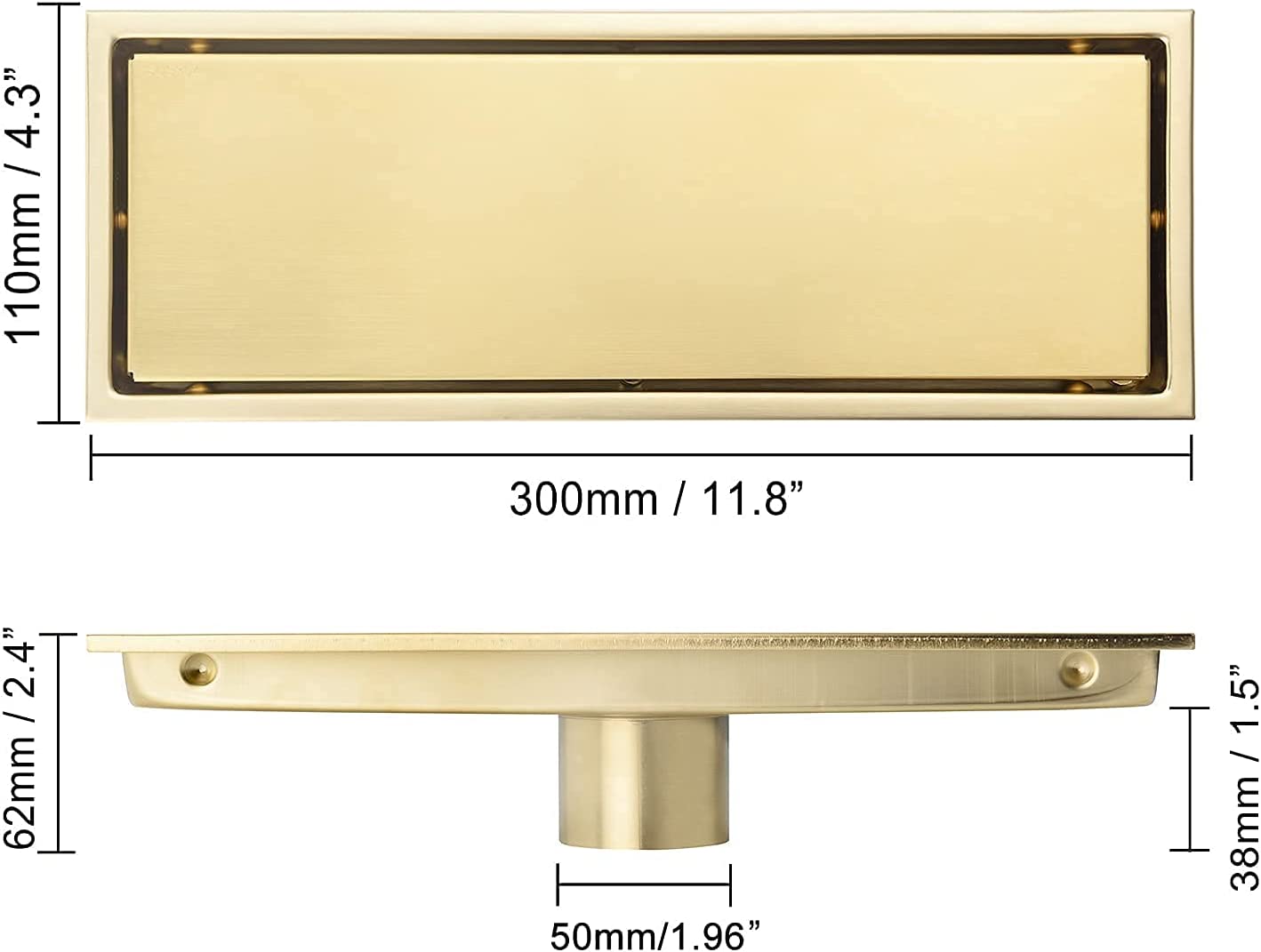 DEOKXZ Linear Shower Drain Pipe 12 Inches Brushed Gold, with Tile Insert Grille, Detachable Hidden Cover, SUS304 Stainless Steel Rectangular Floor Dra