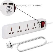 Techlight 4 Sockets Extension with USB 4 Socket Extension Boards (White, 2 m, With USB Port)