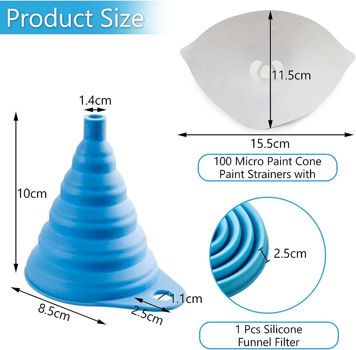 Paint Filter Strainer Resin Filter with 100 Micro Paint Cone Paint Strainers with 1 Pcs Silicone Funnel Filter-100 pcs
