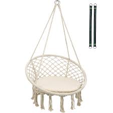 Yatai Round Hanging Swing Chair with Cushion Cotton Rope Netted – White- YTI266753