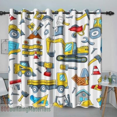 Baocicco White Construction Tools Themed Blackout Curtains Cartoon Truck Digger Pattern