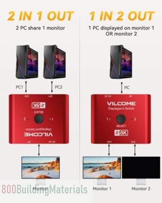 Vilcome DisplayPort Switch 8K Splitter, Plug & Play, One-Button Switching