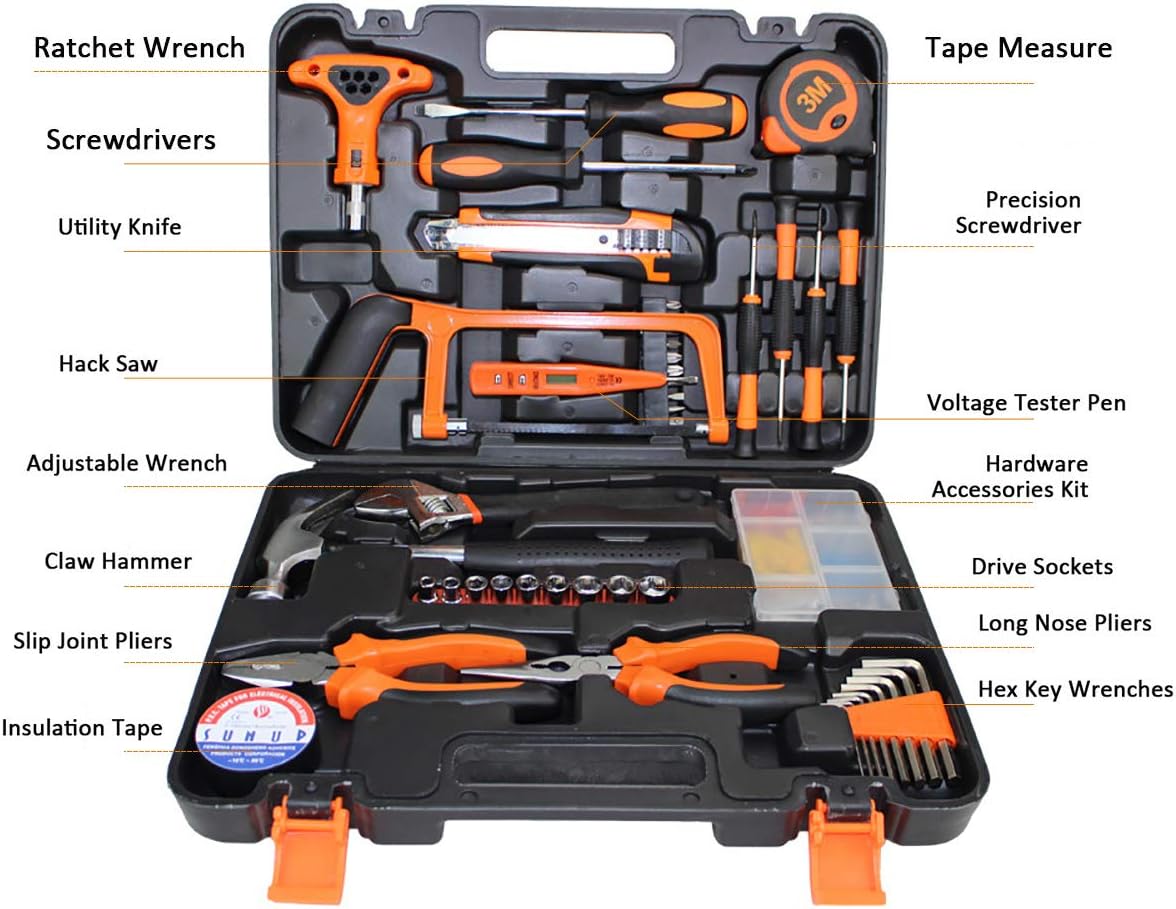 Gluckluz Household Tool Kits 82 Pcs Home Repair Maintaining DIY Hand Toolbox Portable Carbon Steel Hardware