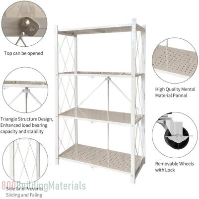 N/P 4-Tier Foldable Storage Shelves with Caster Wheels – White 00021