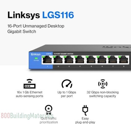 Linksys Business LGS116 16-Port Desktop Gigabit Ethernet Unmanaged Network Switch LGS116-AMZ