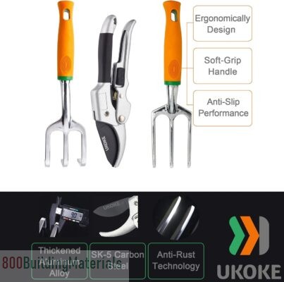 Ukoke Garden Tool Set, 12 Piece Aluminum Hand Kit, Canvas Apron With Storage Pocket UGP02GFBA