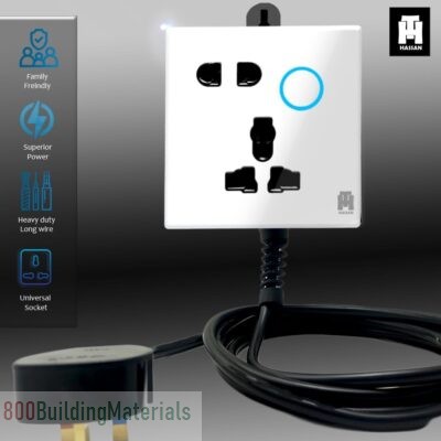 Hassan Single Socket Neon Indicator Extension Premium Tempered Glass,13A Universal Socket
