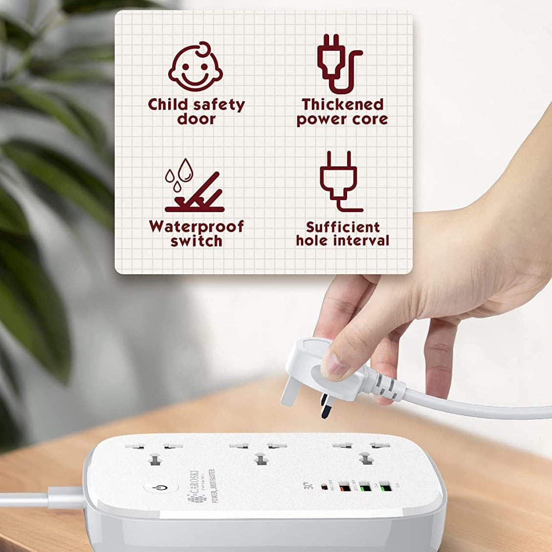 CAROSKI – Wifi Smart Power Strip 3 AC Outlets & 4 USB Ports 30w USB C fast charging Power Extension