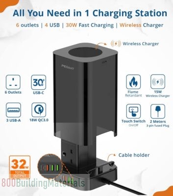 PEGANT 3-in-1 USB-C Power Extension Cord with 15W Wireless Charger and Cable Management Box