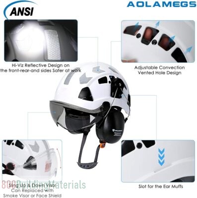AOLAMEGS Construction Hard Hat with Visor – White Vented Hard Hats Construction OSHA Approved