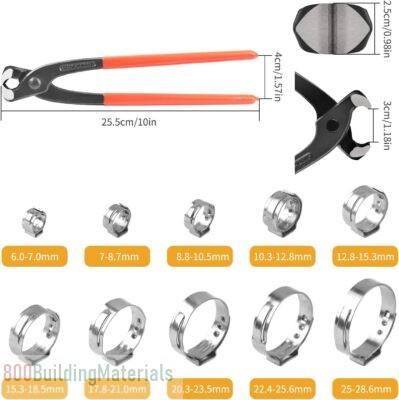 VIGRUE Single Ear Hose Clamps 10 Sizes with Ear Clamp Pincer 304 Stainless Steel Stepless Hose Clamps
