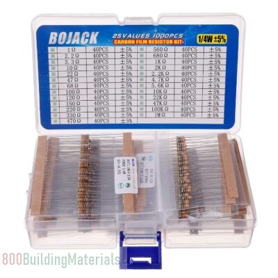 BOJACK 25 Values Resistor Kit 1 Ohm-1M Ohm with 5% 1/4W Carbon Film Assortment of Resistors
