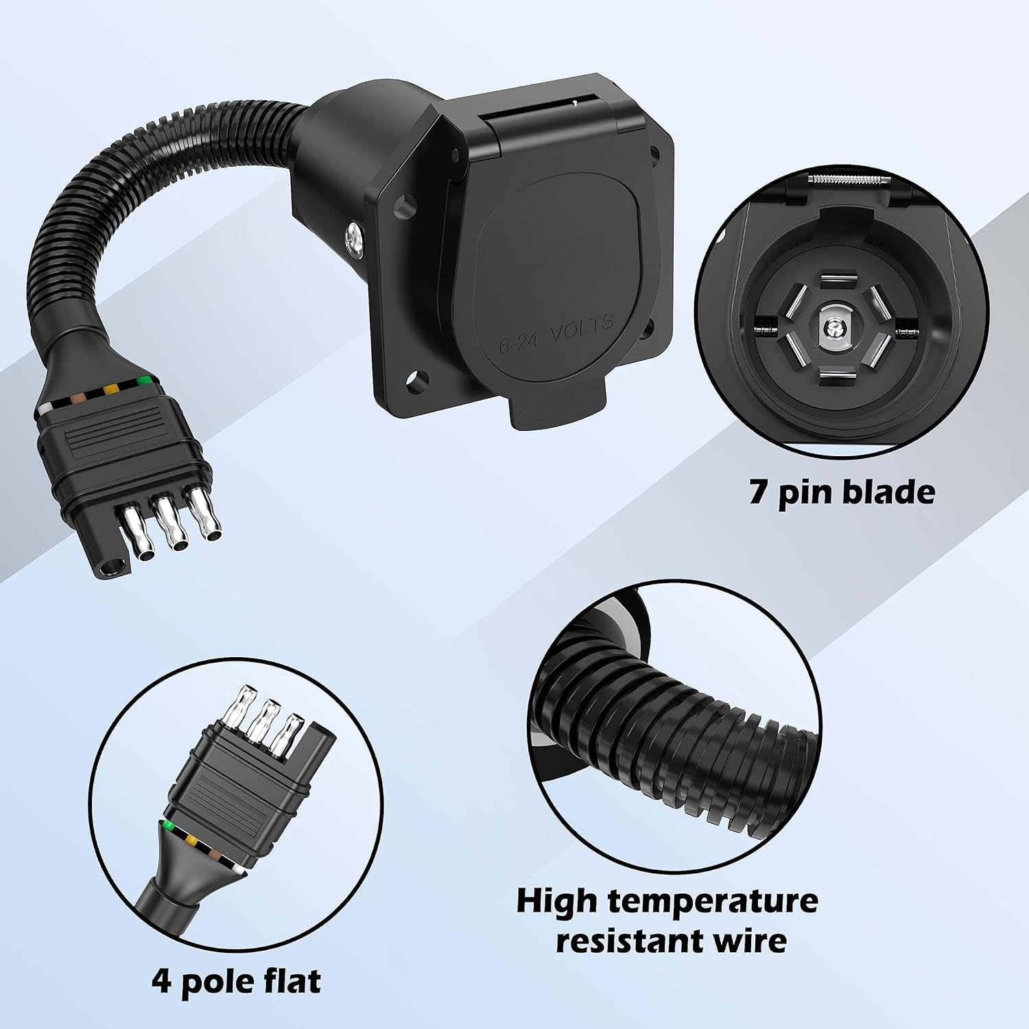 4 Way to 7 Way RV Round Blade Trailer Adapter Wiring Plug Connector with Mounting Bracket for Towing Solutions