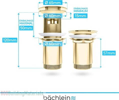 Bächlein Universal Drain Fitting with Overflow for Sink – [Gold] Pop Up Valve