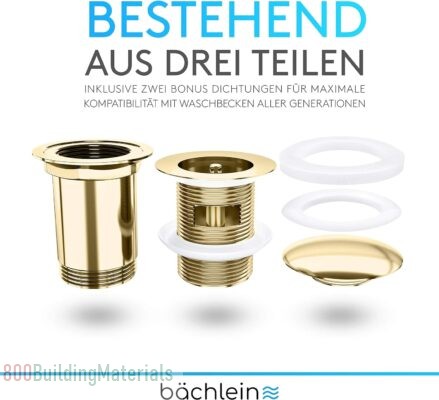 Bächlein Universal Drain Fitting with Overflow for Sink – [Gold] Pop Up Valve