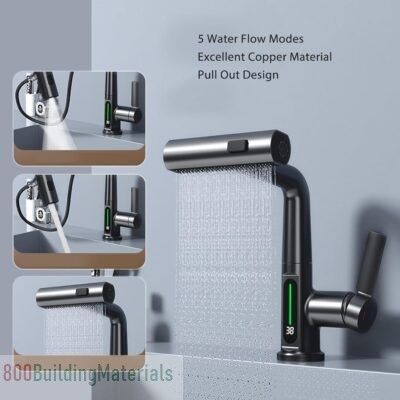 Bathroom Faucet, Single Handle Waterfall Faucet with Temp Display