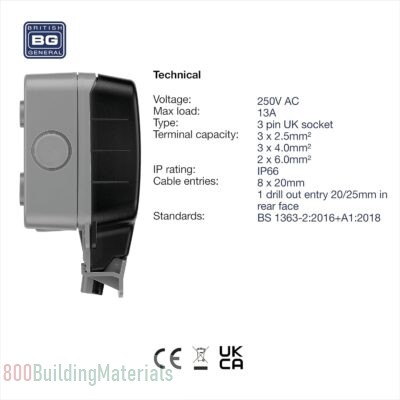 BG Electrical IP66 Rated 13 Amp Double Weatherproof Outdoor Switched Power Socket – GreyWP22-01