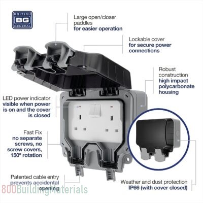 BG Electrical IP66 Rated 13 Amp Double Weatherproof Outdoor Switched Power Socket – GreyWP22-01