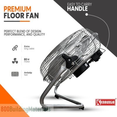 Khaleegia Metal floor Fan 12″ High Velocity 80 watts Chrome Industrial fan 3-speed