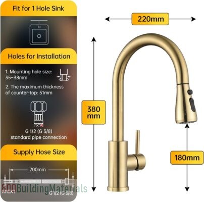 DAYONE Champagne Gold Kitchen Faucet with Pull Down Sprayer, Stainless Steel Single Lever Kitchen Mixer Tap with Pull Out Spray